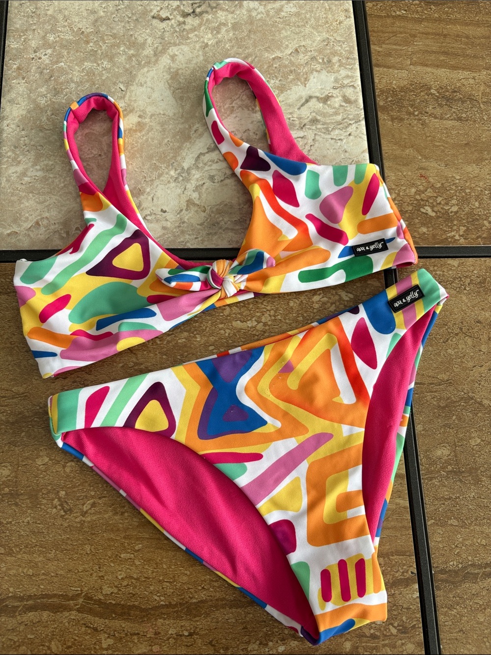 Girls' Multicolor Tie-Front Bikini Set - Bright Geometric Print
